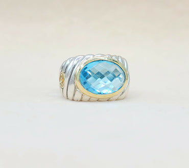 David Yurman Wide Silver & Gold Blue Topaz Hampton Cable Ring