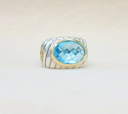 David Yurman Wide Silver & Gold Blue Topaz Hampton Cable Ring