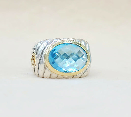 David Yurman Wide Silver & Gold Blue Topaz Hampton Cable Ring