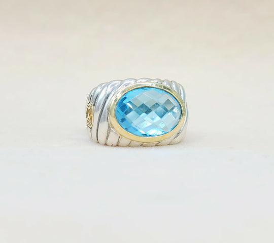 David Yurman Wide Silver & Gold Blue Topaz Hampton Cable Ring