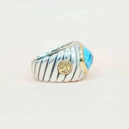 side view David Yurman Wide Silver & Gold Blue Topaz Hampton Cable Ring
