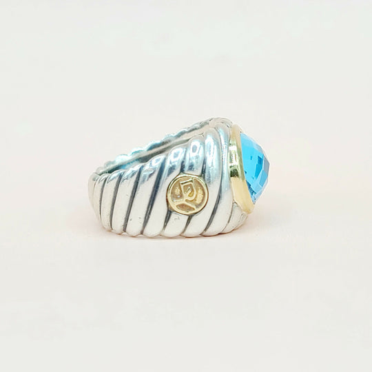 side view David Yurman Wide Silver & Gold Blue Topaz Hampton Cable Ring
