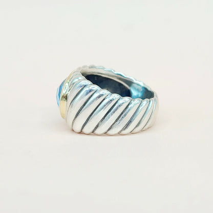 side view David Yurman Wide Silver & Gold Blue Topaz Hampton Cable Ring