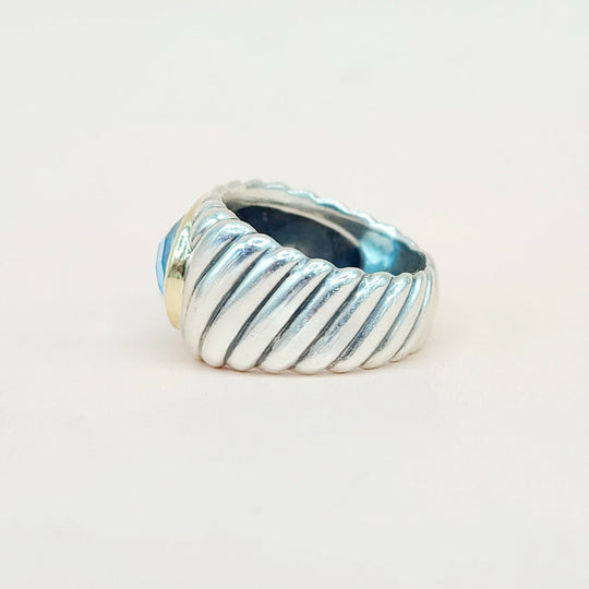 side view David Yurman Wide Silver & Gold Blue Topaz Hampton Cable Ring