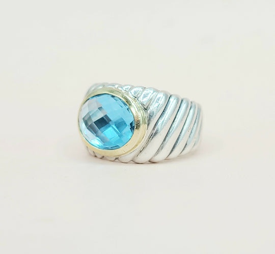 David Yurman Wide Silver & Gold Blue Topaz Hampton Cable Ring