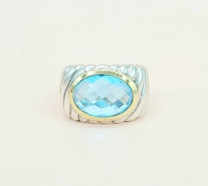 David Yurman Wide Silver & Gold Blue Topaz Hampton Cable Ring