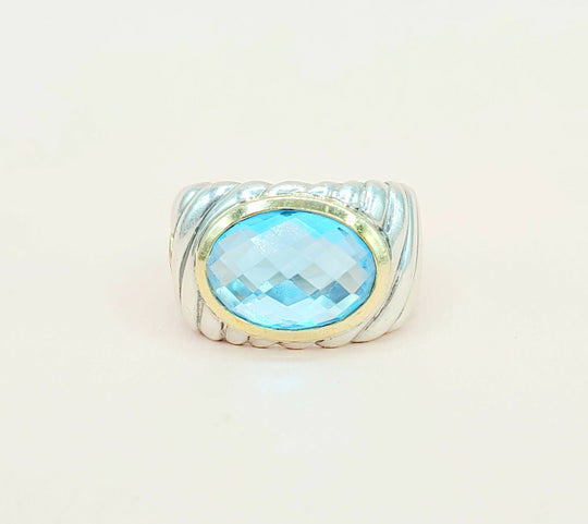 David Yurman Wide Silver & Gold Blue Topaz Hampton Cable Ring