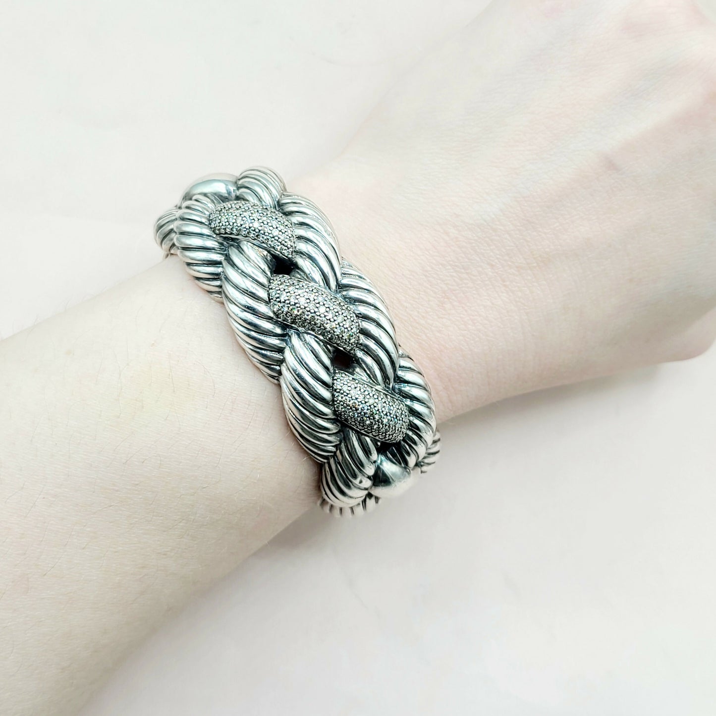  David Yurman-Wide-Woven-Cable Diamond Cuff Bracelet