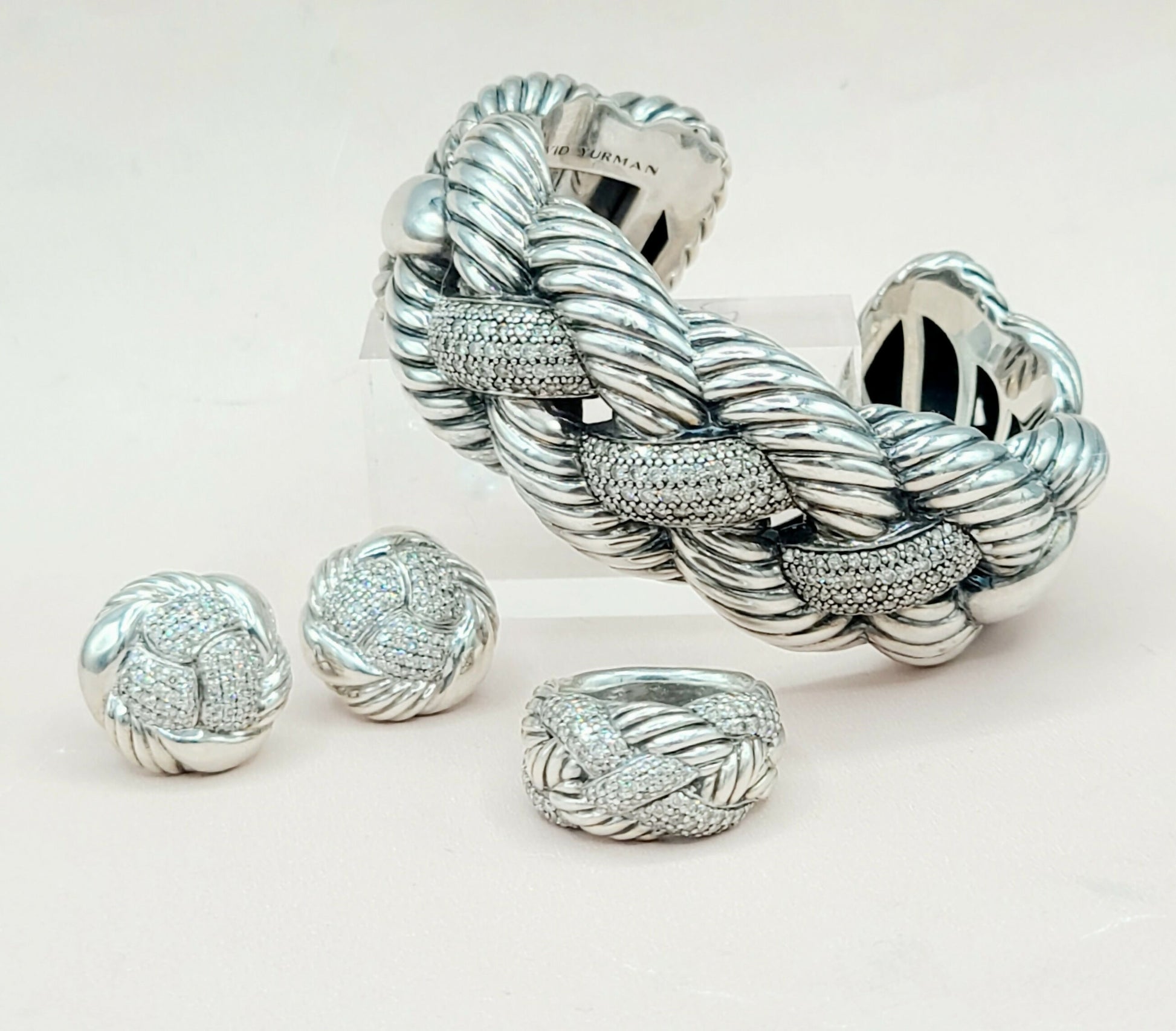  David Yurman-Wide-Woven-Cable Diamond Cuff Bracelet