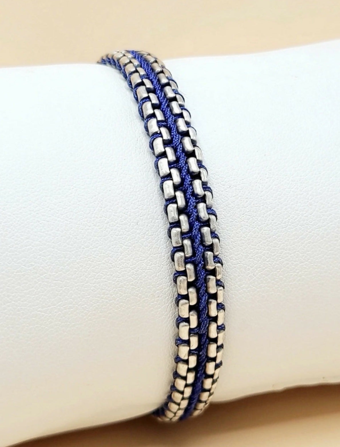 David Yurman Woven Box Chain Bracelet Sterling Silver Blue Nylon 8mm