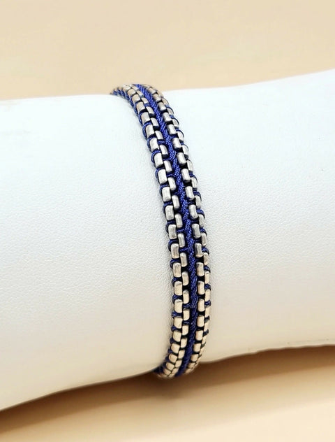 David Yurman Woven Box Chain Bracelet Sterling Silver Blue Nylon 8mm