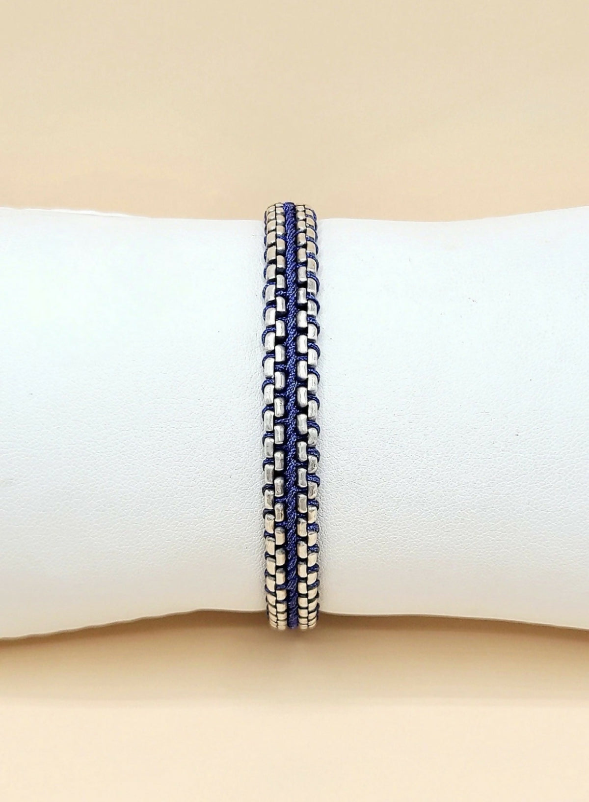 David Yurman Woven Box Chain Bracelet Sterling Silver Blue Nylon 8mm