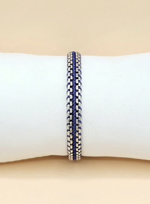 David Yurman Woven Box Chain Bracelet Sterling Silver Blue Nylon 8mm