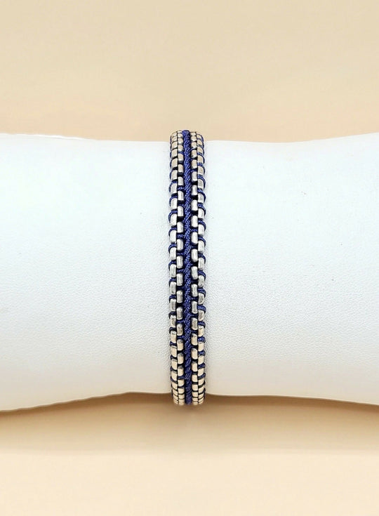 David Yurman Woven Box Chain Bracelet Sterling Silver Blue Nylon 8mm