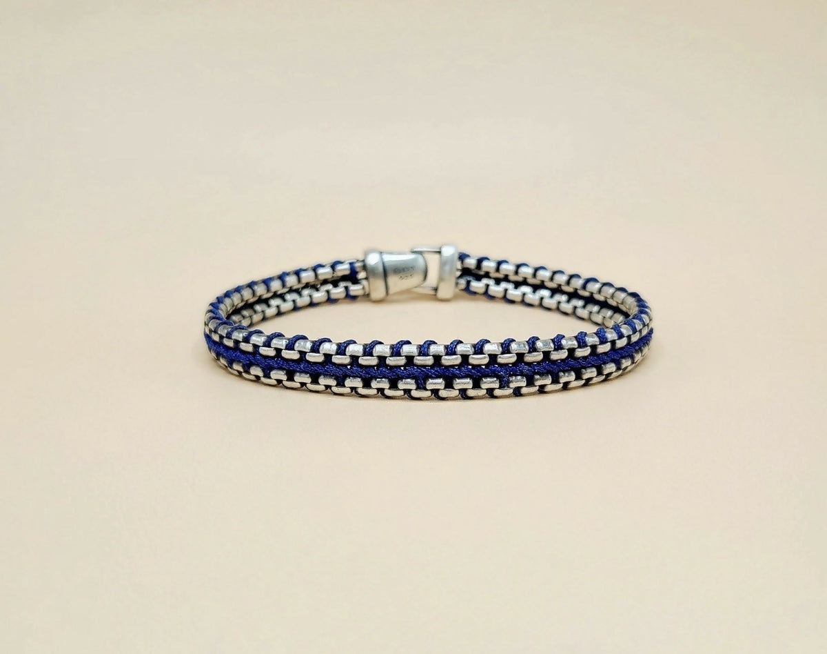David Yurman Woven Box Chain Bracelet Sterling Silver Blue Nylon 8mm