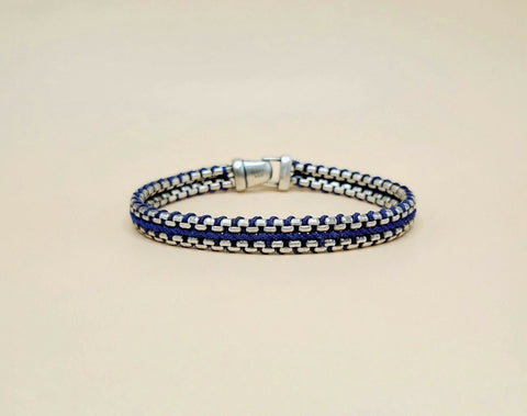 David Yurman Woven Box Chain Bracelet Sterling Silver Blue Nylon 8mm