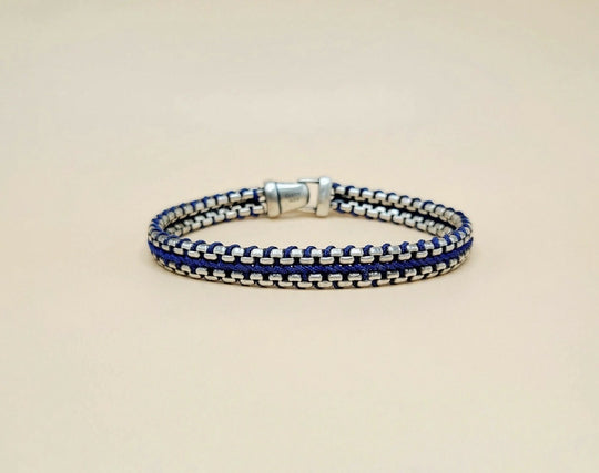 David Yurman Woven Box Chain Bracelet Sterling Silver Blue Nylon 8mm
