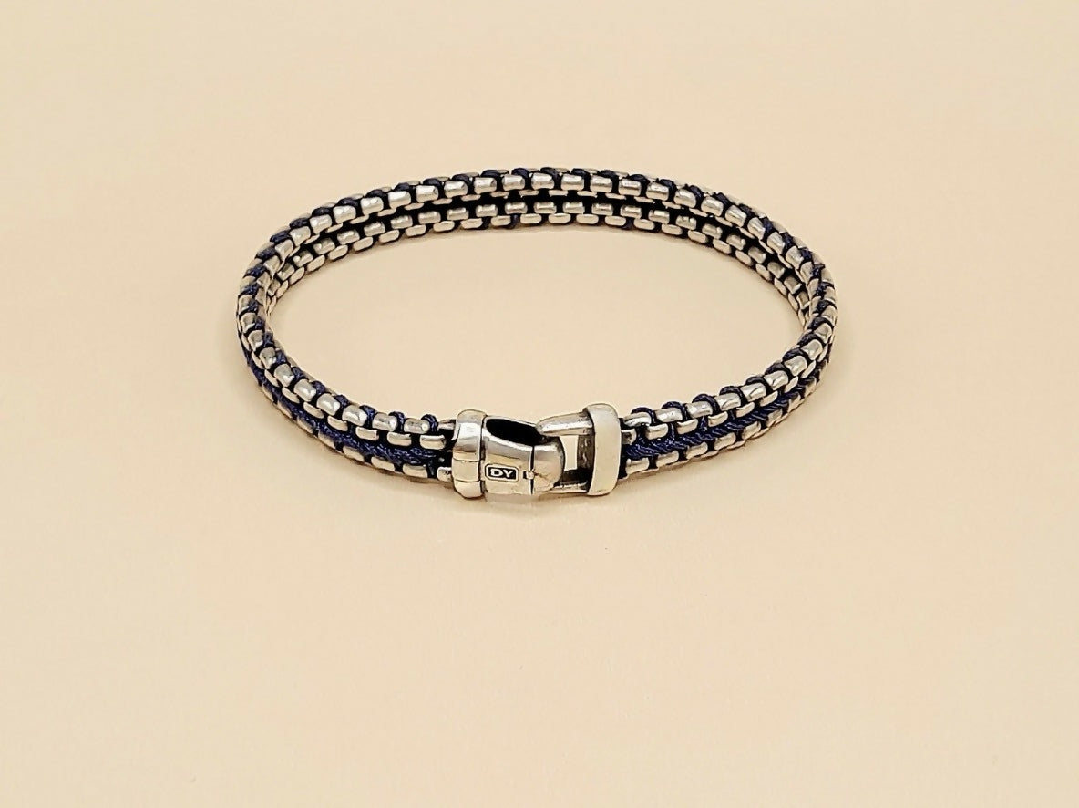 David Yurman Woven Box Chain Bracelet Sterling Silver Blue Nylon 8mm