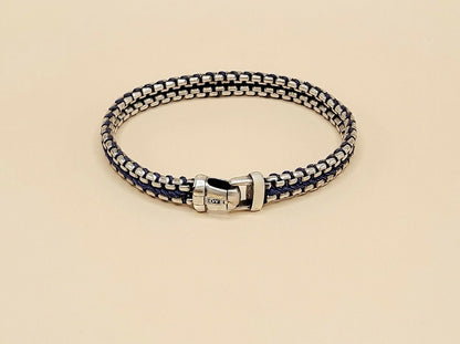 David Yurman Woven Box Chain Bracelet Sterling Silver Blue Nylon 8mm