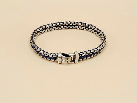 David Yurman Woven Box Chain Bracelet Sterling Silver Blue Nylon 8mm