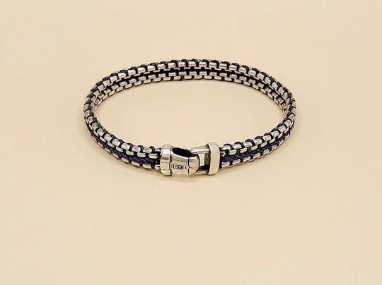 David Yurman Woven Box Chain Bracelet Sterling Silver Blue Nylon 8mm