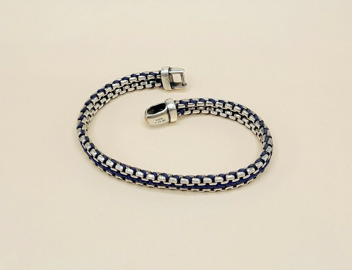 David Yurman Woven Box Chain Bracelet Sterling Silver Blue Nylon 8mm