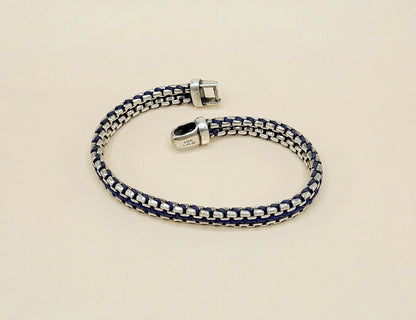 David Yurman Woven Box Chain Bracelet Sterling Silver Blue Nylon 8mm