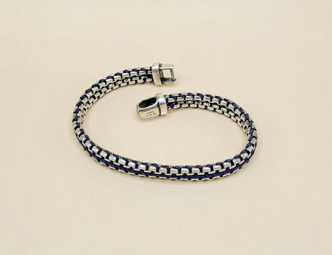 David Yurman Woven Box Chain Bracelet Sterling Silver Blue Nylon 8mm