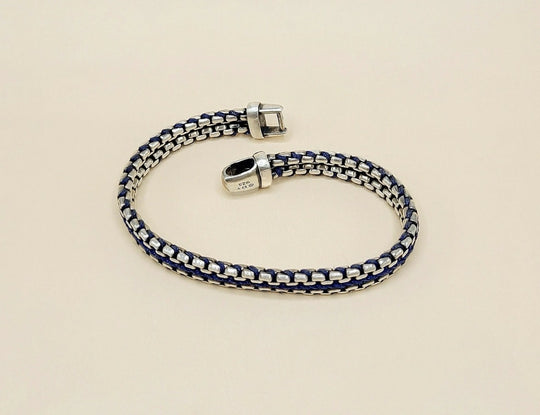 David Yurman Woven Box Chain Bracelet Sterling Silver Blue Nylon 8mm
