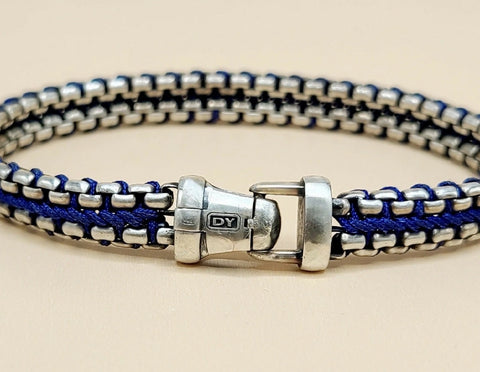 hallmark David Yurman Woven Box Chain Bracelet Sterling Silver Blue Nylon 8mm