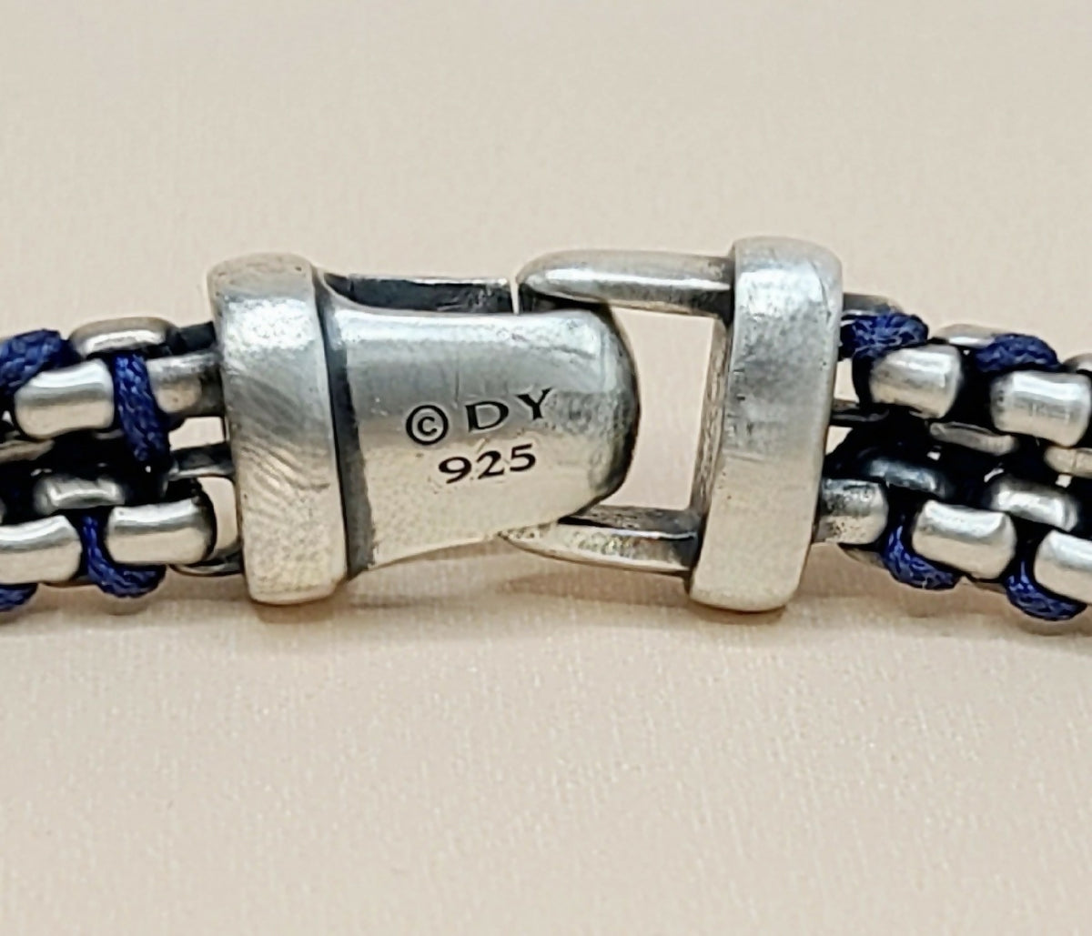 hallmark od David Yurman Woven Box Chain Bracelet Sterling Silver Blue Nylon 8mm