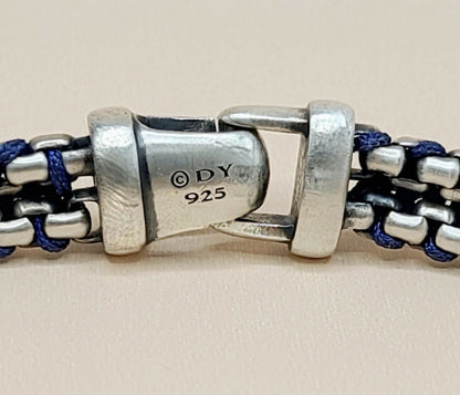 hallmark od David Yurman Woven Box Chain Bracelet Sterling Silver Blue Nylon 8mm