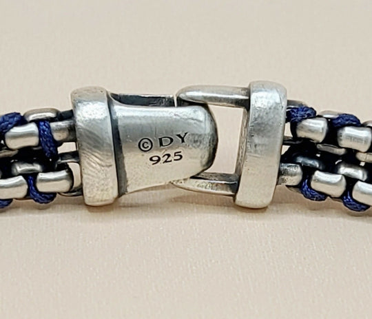 hallmark od David Yurman Woven Box Chain Bracelet Sterling Silver Blue Nylon 8mm