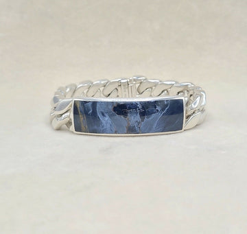David Yurman Curb Chain ID Bracelet Pietersite Sterling Silver 15mm Medium