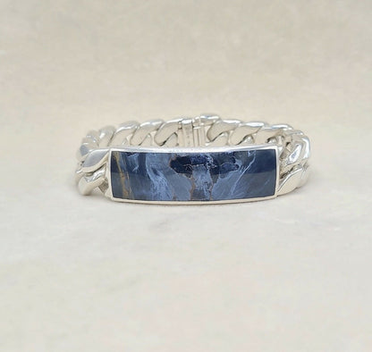 David Yurman Curb Chain ID Bracelet Pietersite Sterling Silver 15mm Medium