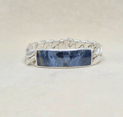 David Yurman Curb Chain ID Bracelet Pietersite Sterling Silver 15mm Medium