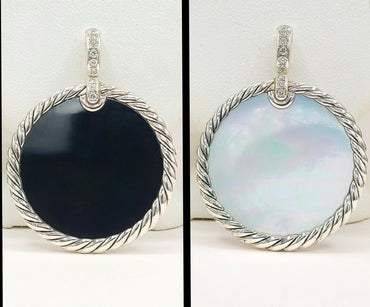  David Yurman Elements Mother of Pearl Onyx Diamond Reversible Pendant Enhancer 32mm