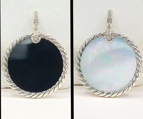 David Yurman Elements Mother of Pearl Onyx Diamond Reversible Pendant Enhancer 32mm