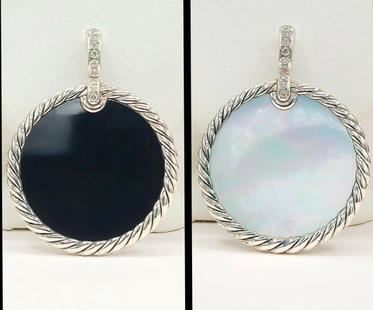  David Yurman Elements Mother of Pearl Onyx Diamond Reversible Pendant Enhancer 32mm
