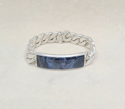 David Yurman Curb Chain ID Bracelet Pietersite Sterling Silver 15mm Medium