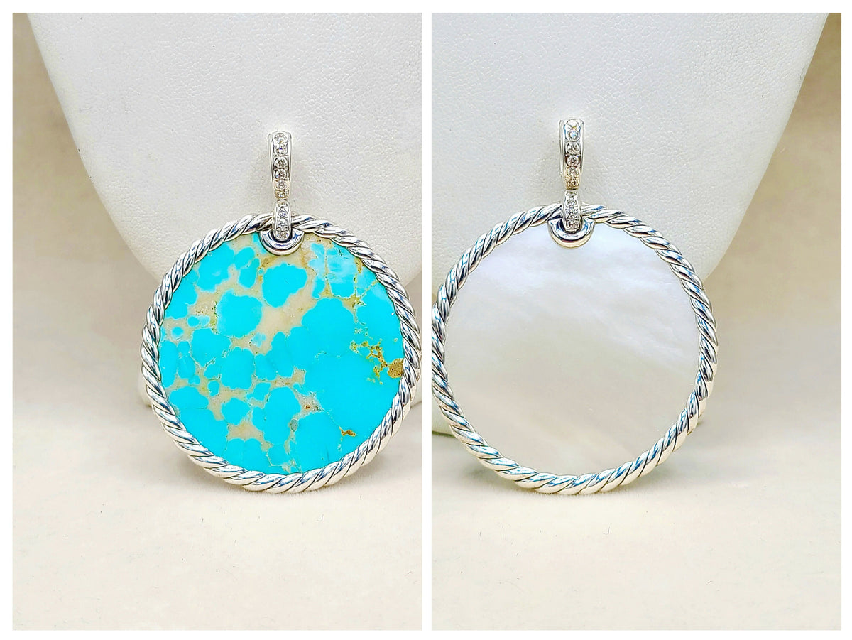 David Yurman Elements Reversible Turquoise Mother-of-Pearl Diamond Disc Pendant Sterling Silver 0.30 TCW 47.7mm