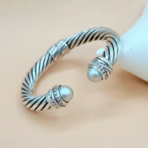  David Yurman 10mm Crossover Grey Pearl Diamonds Bracelet