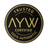 Black circular logo with gold text 'Trusted AYW Certified 100% Authentic' on a white background