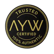 Black circular logo with gold text 'Trusted AYW Certified 100% Authentic' on a white background