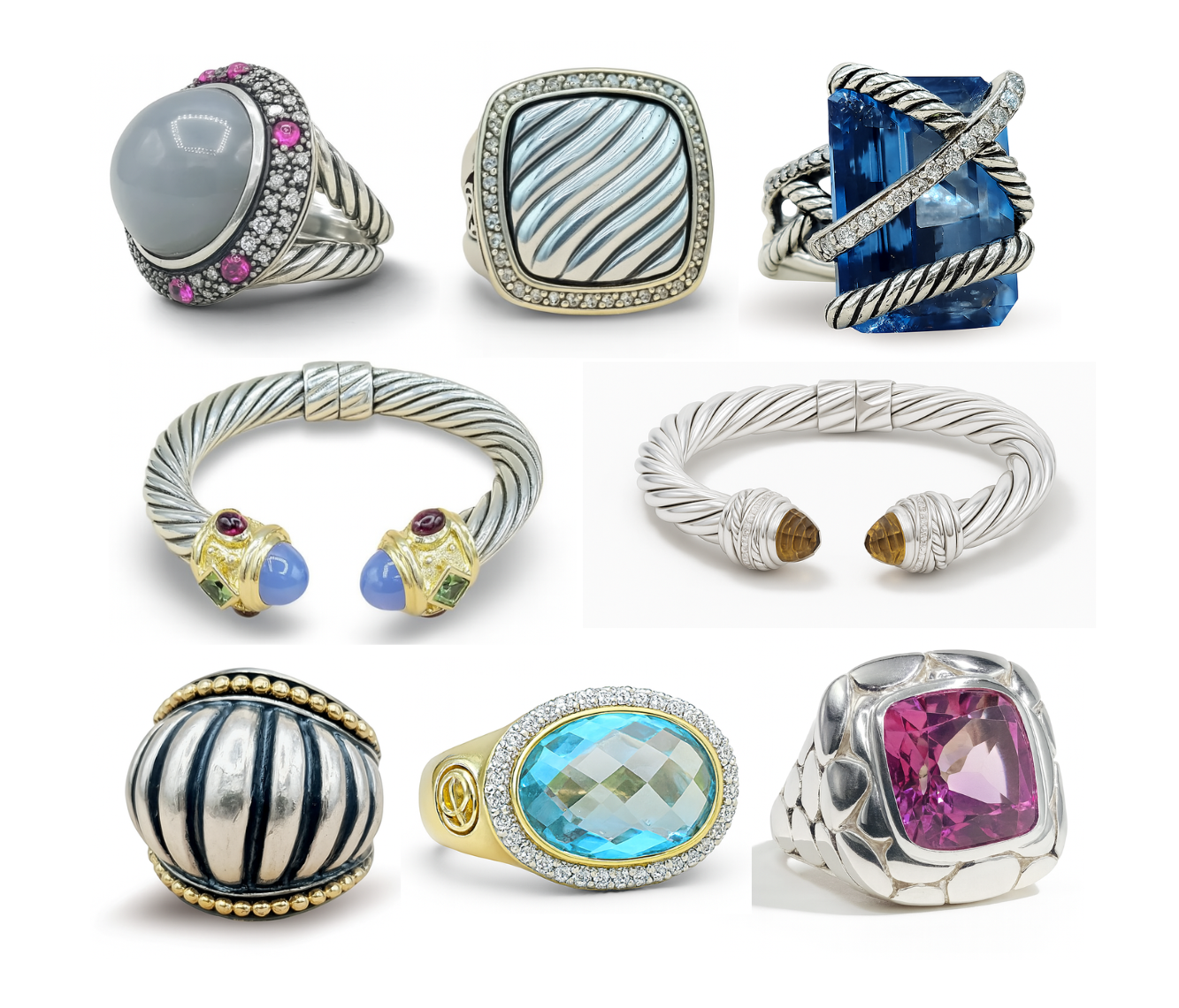 Collection of David Yurman, John Hary and LAGOS with different designs and gemstones on a white background