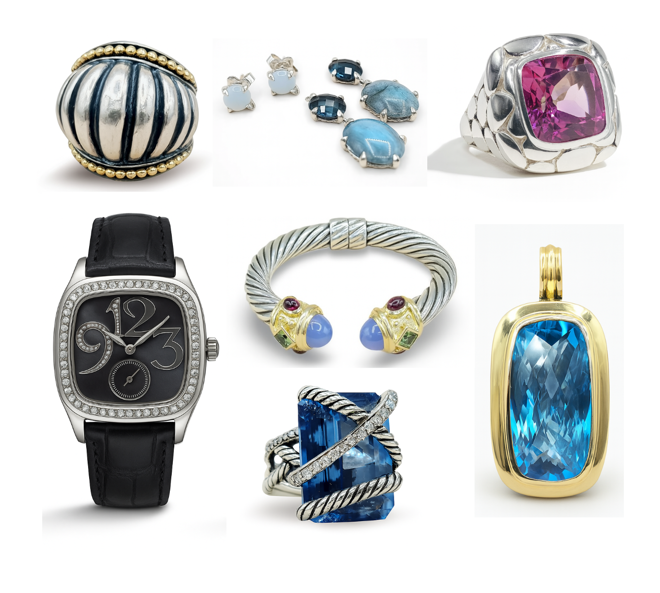 Collection of various jewelry items including a watch, rings, and pendants on a white background.
