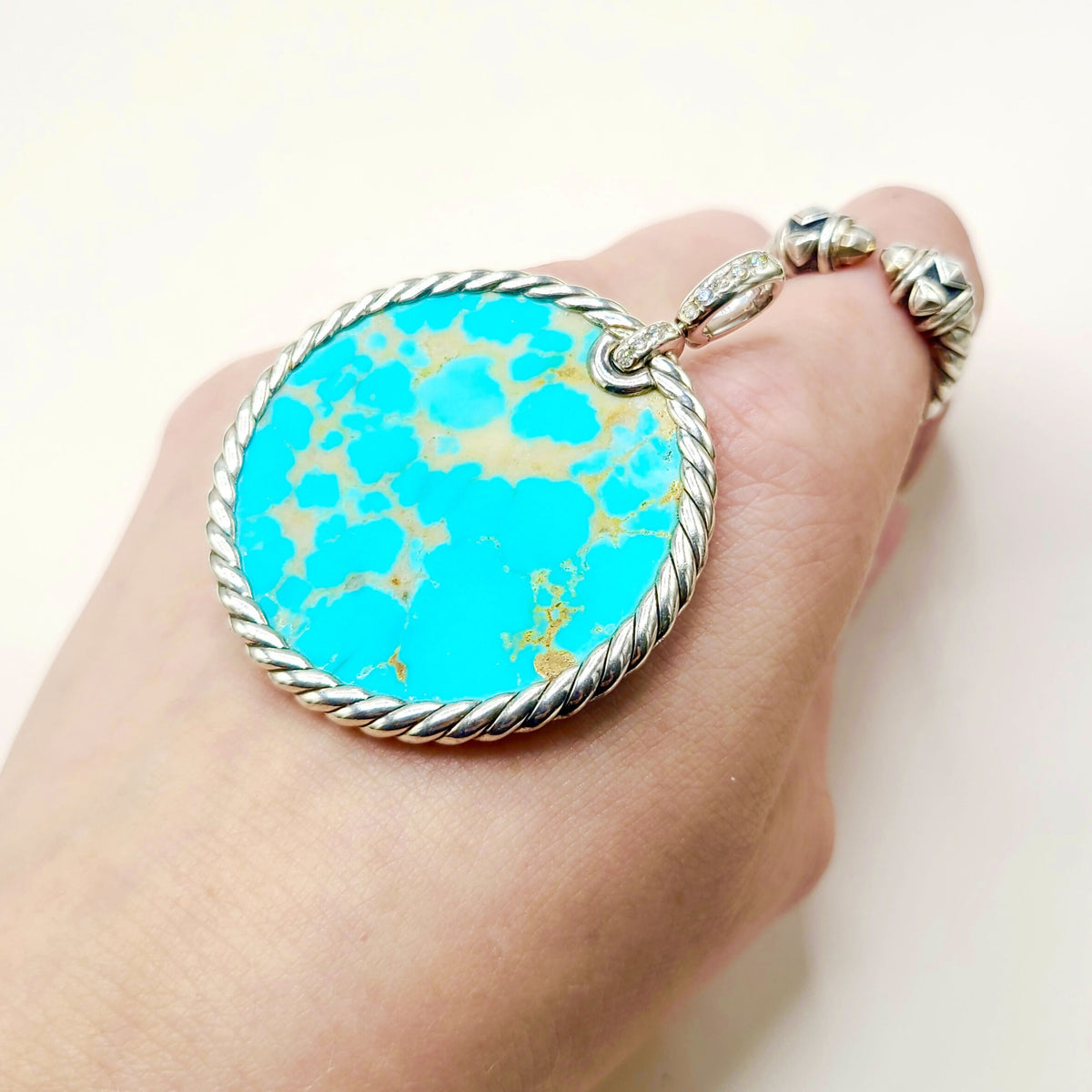 David Yurman Elements Reversible Turquoise Mother-of-Pearl Diamond Disc Pendant Sterling Silver 0.30 TCW 47.7mm