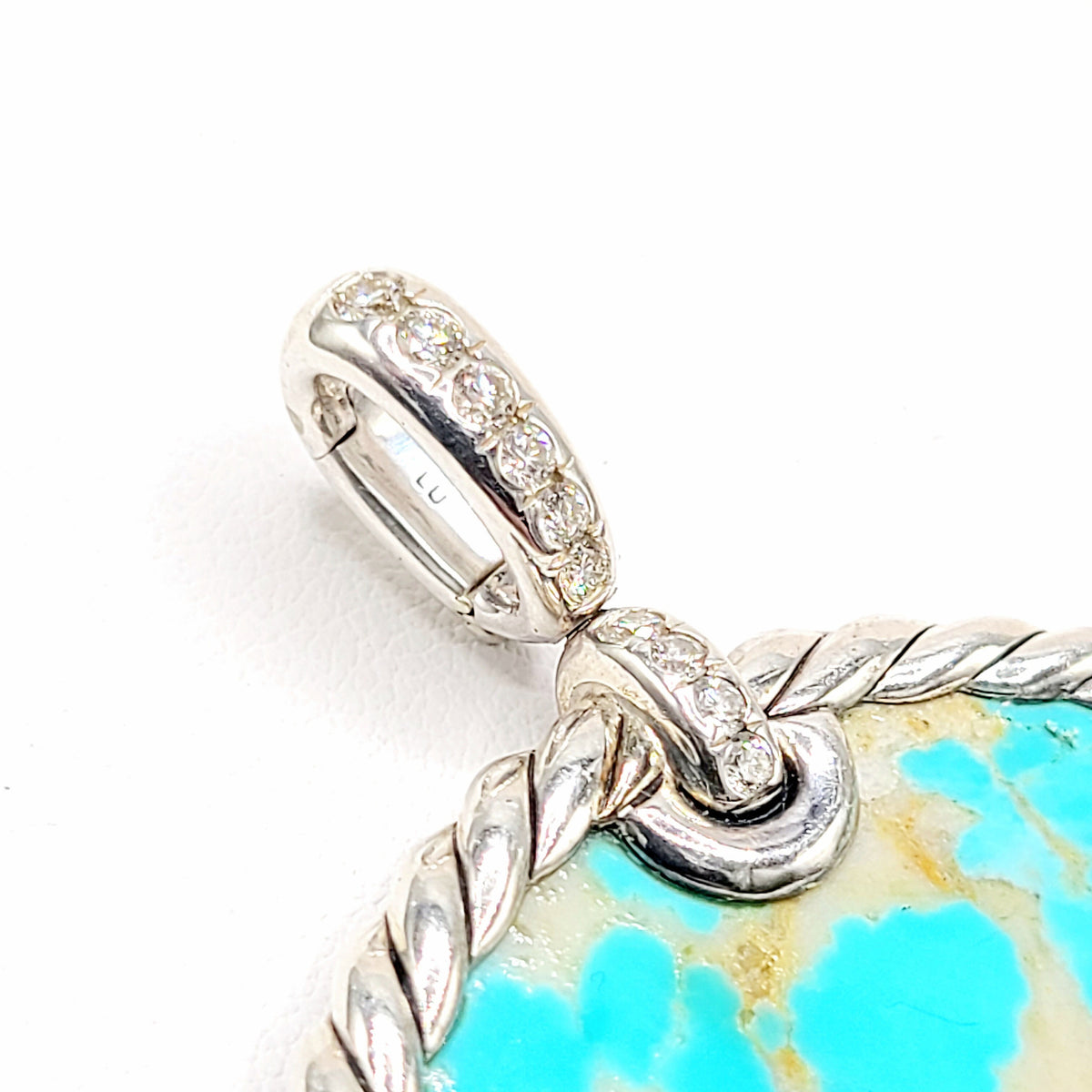 David Yurman Elements Reversible Turquoise Mother-of-Pearl Diamond Disc Pendant Sterling Silver 0.30 TCW 47.7mm