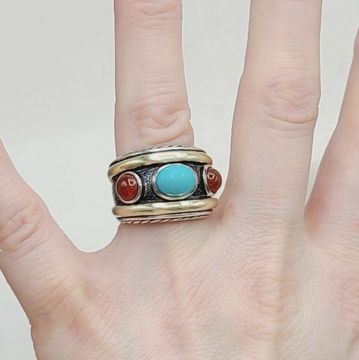 David Yurman Renaissance Carnelian Turquoise Ring Sterling Silver 14K Gold 17mm Size 7
